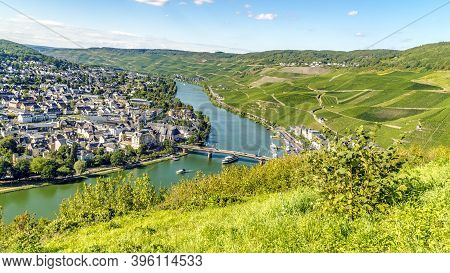 View To Beautiful Bern Kastel Kues And The River Moselle In Germany