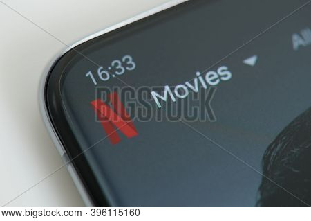 New York, Usa - November 23, 2020: Movies On Netflix Serivce Watch On Smartphone Screen Clsoe Up Vie