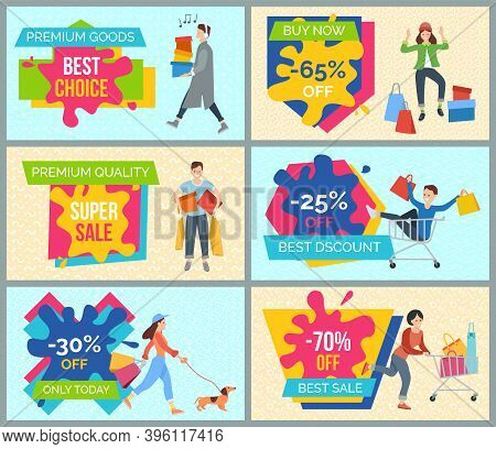 Set Of Illustrations On The Theme Of Discounts And Black Friday. People With Purchases Rush To The S