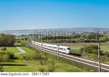 Raunheim, Germany - April 8, 2011: High Speed Train With Full Speed In Landscape.