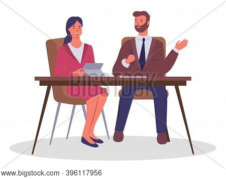 Business Meeting, Signing An Agreement. Businessman Chief Sitting At A Table With Pen In Hand Listen