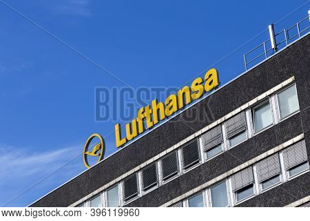 Hamburg, Germany - March 20, 2014: Facade Of Lufthansa Technik Building In Hamburg With Lufthansa Lo