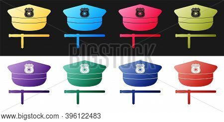 Set Police Cap And Rubber Baton Icon Isolated On Black And White Background. Security Truncheons. Po