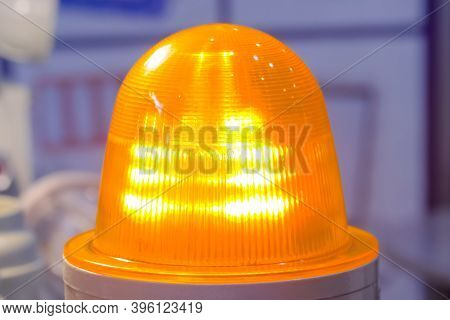 Danger, Legal, Alert Light, Attention, Hazard, Manufacturing Concept. Close Up Of Orange Alarm Lamp 