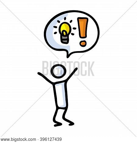 Hand Drawn Stickman With Speech Bubble Lightbulb Idea. Simple Outline Genius Thought Doodle Icon Cli