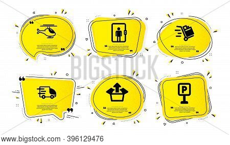 Helicopter, Elevator And Truck Delivery Icons Simple Set. Yellow Speech Bubbles With Dotwork Effect.