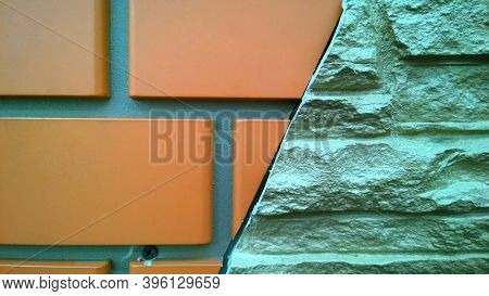 Background Of Facade Panel. Samples Combination Of Basement Siding Brick And Stone Texture. Palette 