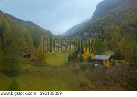 View Of Landscape Furi Mountain In Autumn Season From Cable Car In Zermatt, Swiss
