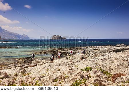 Gramvousa - Balos, The Crete Island, Greece - June 4, 2019: The People On The Beach Of Gramvousa Isl