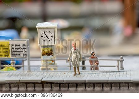 Frankfurt, Germany - February 19, 2020: Plastic Man With Dog Waits At The Train Station In Bonn For 