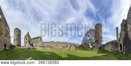 Muenzenberg, Germany - March 8, 2020: Panoramic View At Scenic  Muenzenberg Castle Under Blue Sky.