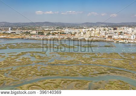 Faro, Portugal - August 13, 2020: Aerial Of Faro With Harbor, Portugal.
