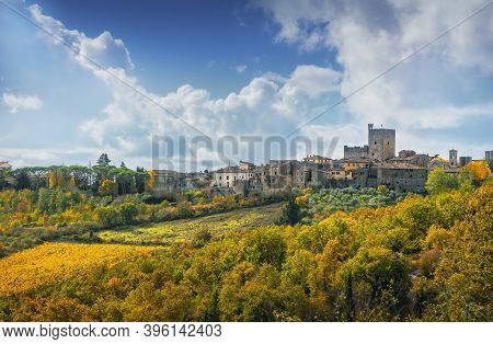 Castellina In Chianti Village, Vineyard And Autumn Foliage. Tuscany, Italy. Europe.