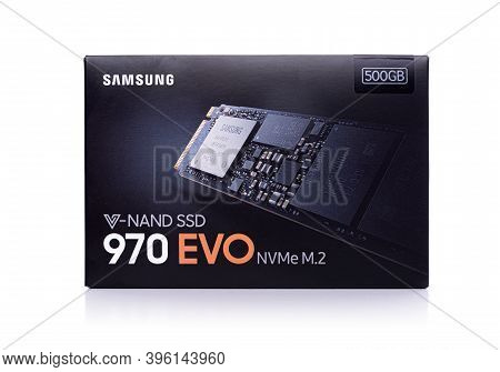 Uzhgorod, Ukraine - October 25, 2018: Box Of Samsung 970 Evo Ssd Hard Disk Drive On White Background