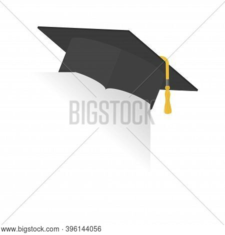 Graduation Cap Hang On Paper Corner. Graduation Hat Or Mortar Board With Tassel. Academic, Universit