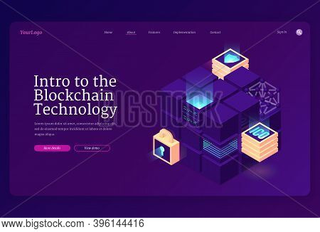 Intro To Blockchain Technology Isometric Landing Page. Cryptocurrency Mining Concept With Data Cente