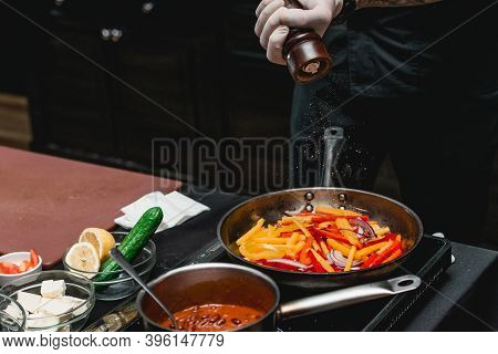 Chef Making Healthy Fresh Fajitas Or Fajitos With Beef. Easy, But Tasty, Healthy. National Mexican F