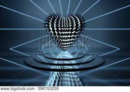 Black Heart Made Of Shattered Pieces Illuminated By Blue Light Over Mirror Pedestals. 3d Illustratio