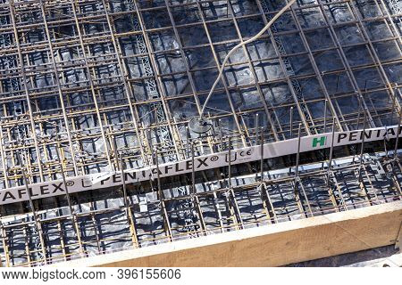 Kelkheim, Germany - July 23, 2020: Construction Site With Foundation With Water Resistance Concrete 