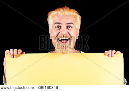 Mock Up Blank Sign For Message With Positive And Fun In Creative Design Concept. Happy Business Man 