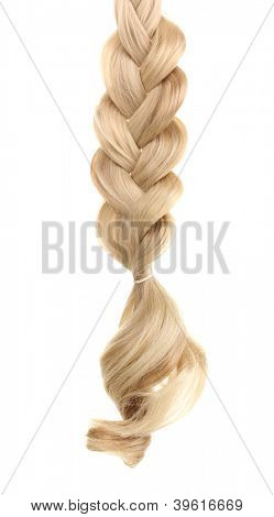 Blond włosy plecione w warkocz na białym tle