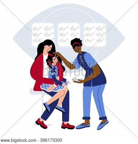 Young Doctor Afro American Help Girl To Try New Glasses. Optical Store Young Doctor Helps To Choose 