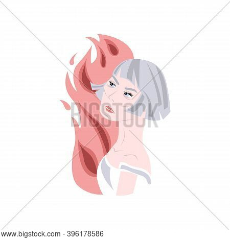 Joan Of Arc Portrait With Fire. Isolated Vector