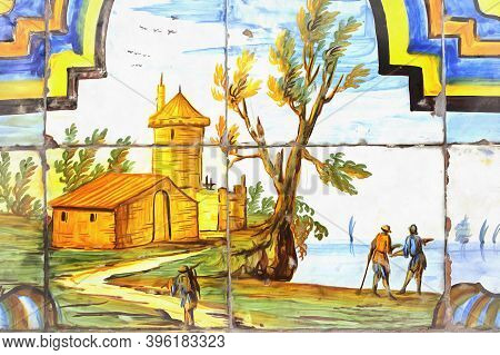 Majolica Cloister Of Santa Chiara Church Colorful Painting Looks Like Picture, Naples, Italy.