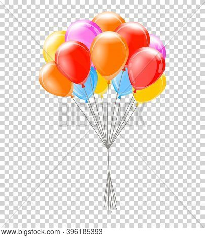 Helium Balloons. Bunch Or Group Of Colorful Helium Balloons Isolated On Transparent Background. Part