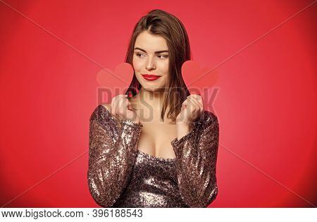 Love And Romance. Valentines Day Sales. Sexy Woman In Glamour Dress. Sensual Girl With Heart. Valent