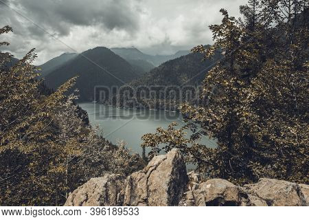 Beautiful Mountain Landscape With Clouds At Lake Ritsa