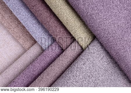 Bright Collection Of Gunny Textile Samples. Multicolor Fabric Texture Background.