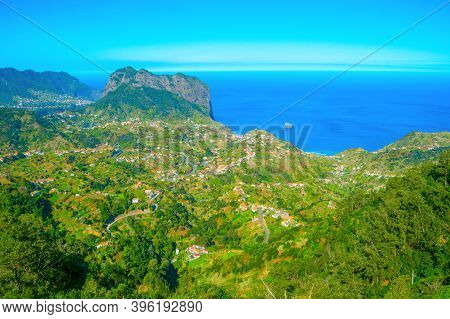 Landscape With Maderia Village, Mountains And Ocean In A Bright Sunny Day. Madeira Island, Portugal