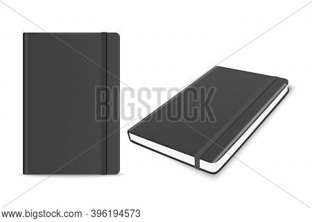 Vector 3d Realistic Black Closed Blank Paper Notebook With Bookmark Set Isolated On White Background