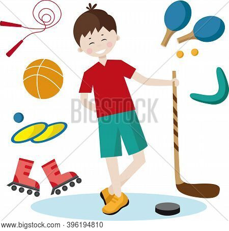 Cartoon Set Boy With Sports Equipment Vector Image For Your Design