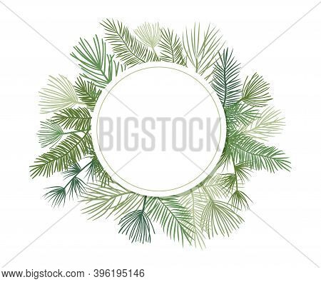 Christmas Plant Vector Circle Border With Fir And Pine Branches, Evergreen Wreath And Corners Frames