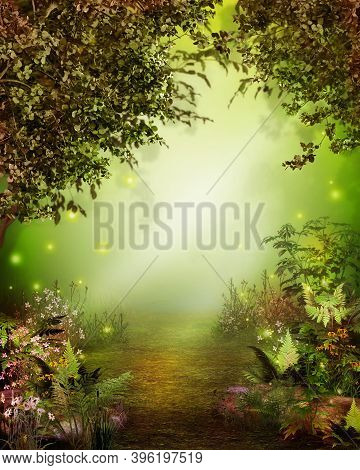 Magical Enchanting Forest Opening With A Path Leading To A Heavenly Light, 3d Render.