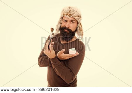 Eccentric Guy With Beard. Makeup And Greasepaint. Natural Brush. Professional Cosmetics. Stylist Car