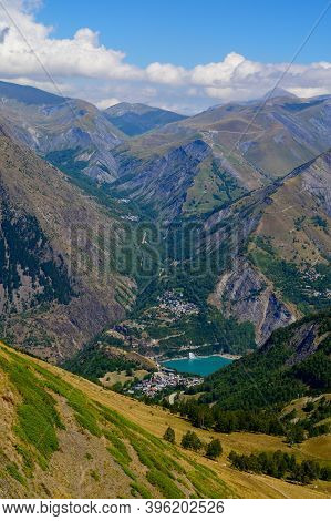 Hiking Near Ski Station Les Deux Alpes And View On Alpine Mountains Peaks In Summer, Isere, France