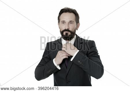 Man Adjust Necktie Isolated On White. Business Man Bearded Mature Formal Suit Adjust Accessory. Busi