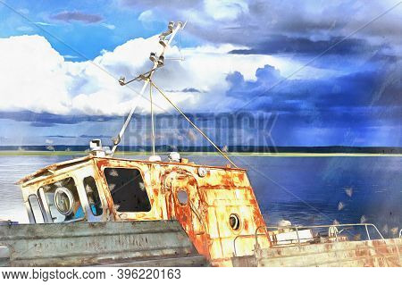 Abandoned Old Ship On Lake Shore Colorful Painting Looks Like Picture.
