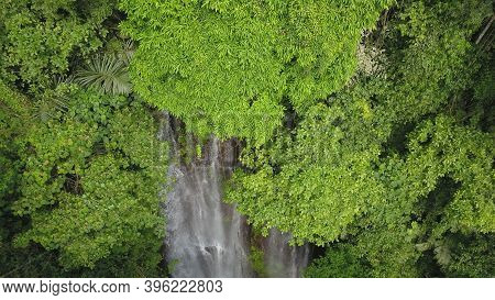 Aerial View Of Forest And River Towards Labuhan Kebo Waterfall Located In Munduk, Bali