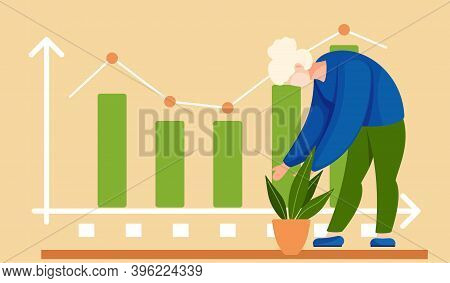 Girl Straightens A Flower In A Pot And Takes Care Of A Plant. Statistical Bar Graph On Background. W