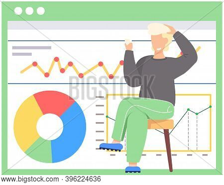 Smiling Guy Sits With Cards In His Hands. Work With Financial Statistics And Anatytics. Man Thinking