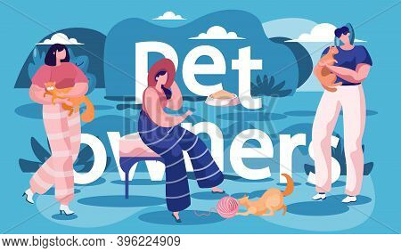 People Cat Lovers Meeting With Their Pets And Talking. Cats Siting On The Ground, Petting In Hands, 