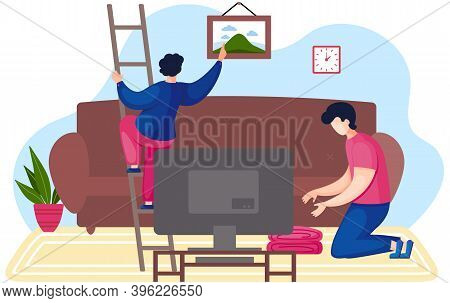 Cartoon Young Man Going Up The Stairs Hangs A Picture On The Wall In The Living Room Back View. Char