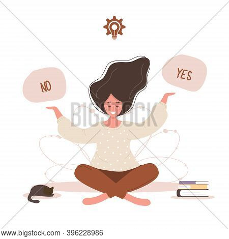 Woman Thinking To Choose Yes Or No. Smart Girl Solving Problems.