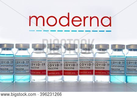 Calgary, Alberta, Canada. Nov 23, 2020. Covid-19 Vaccines Vials Bottles With A Moderna Logo In The B