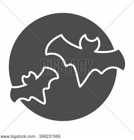 Bat With Full Moon Clouds Solid Icon, Halloween Concept, Big Moon And Two Bats Sign On White Backgro