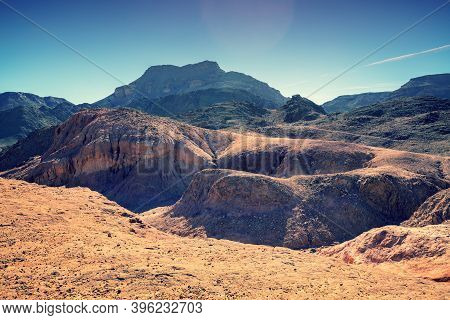 Sandstone Rock In Timna Park, Israel. Desert Mountaun Landscape